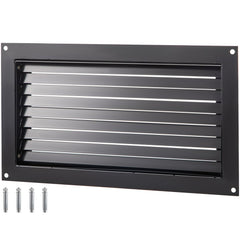 Black zinc-coated steel crawl space flood vent measuring 20"x12" with detachable louvered plate.