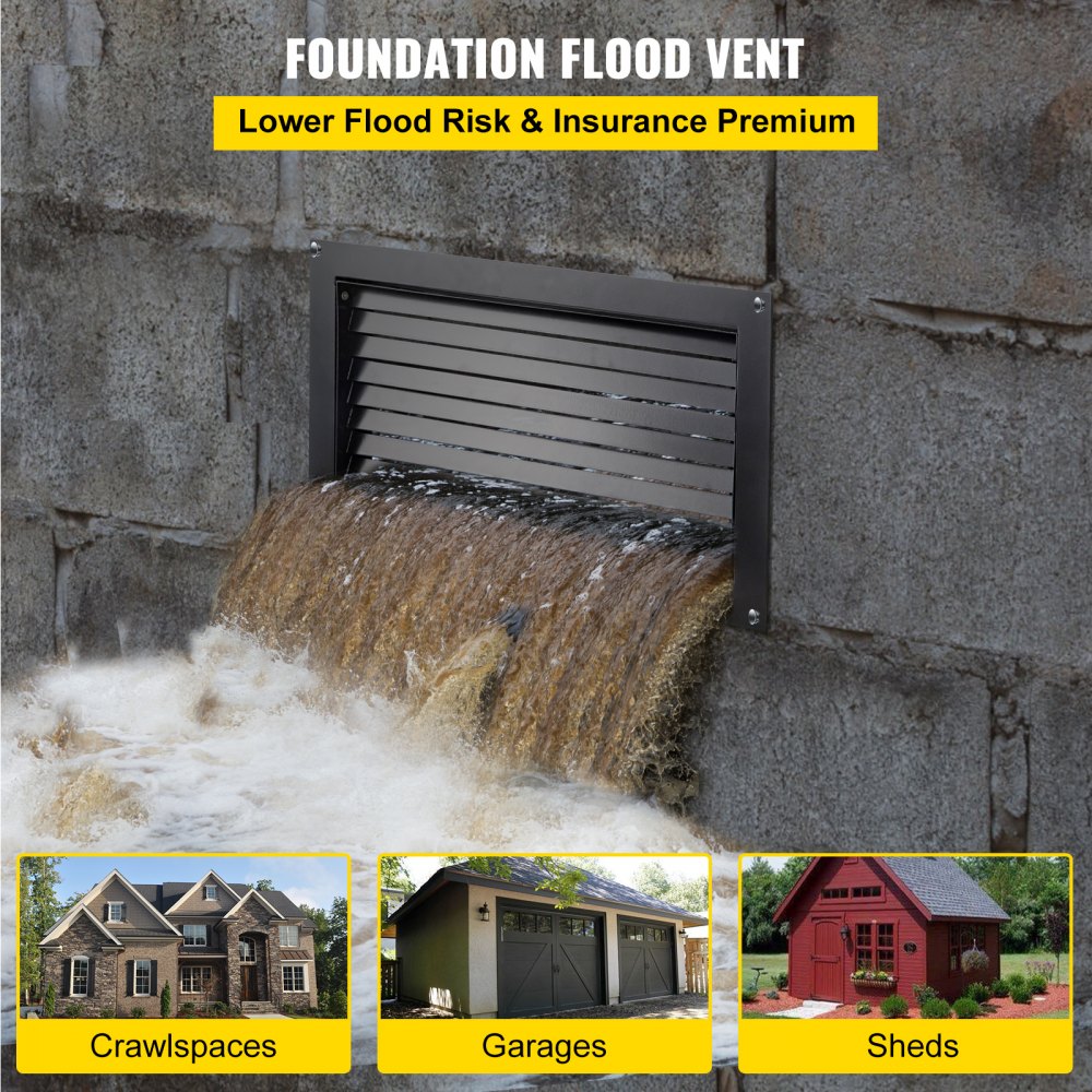 Black 16"x32" flood vent with detachable louvered plate for crawl spaces and foundations.