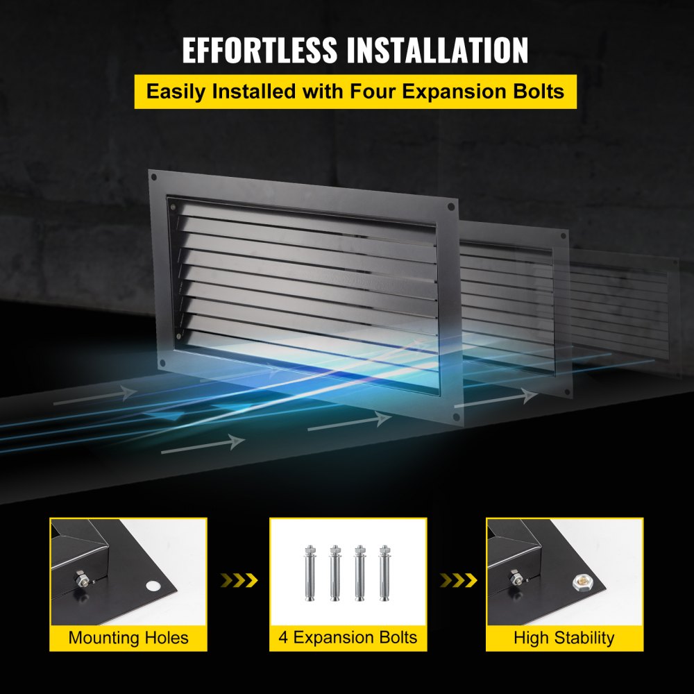 Black flood vent measuring 16"x32" with a detachable louvered plate for airflow.