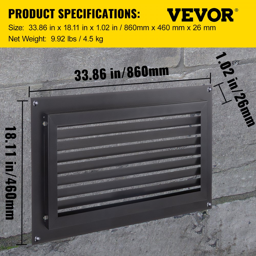 Black flood vent measuring 16"x32" with a detachable louvered plate for airflow.