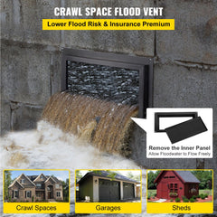 16x8 inch black zinc-coated steel foundation flood vent with removable panel for water flow.