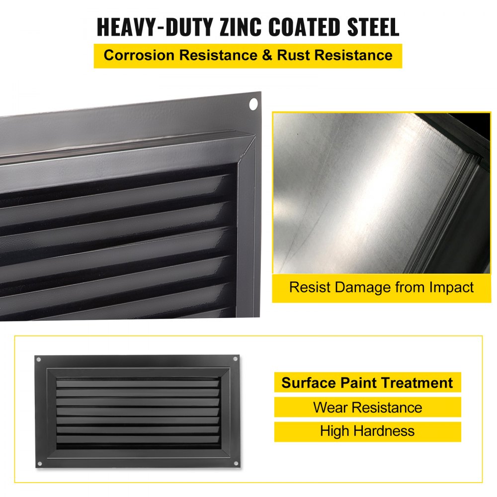 Black zinc-coated steel flood vent with louvered design and corrosion-resistant finish.