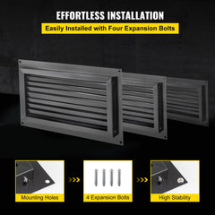 Three 16x8 inch black zinc-coated steel foundation flood vents with louvers and mounting holes for expansion bolts.