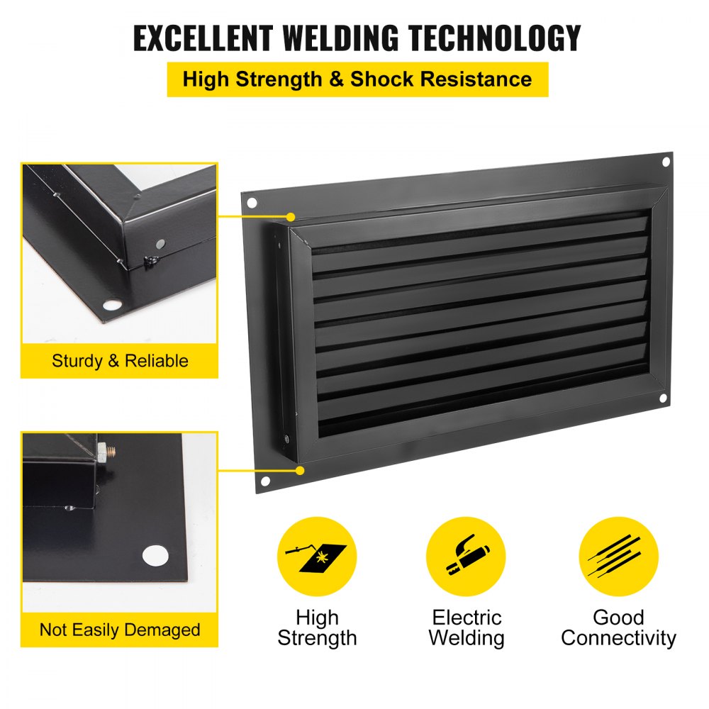 Black zinc-coated steel foundation flood vent, 16x8 inches, with louvers and mounting flanges.