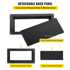 Black zinc-coated steel foundation flood vent, 16x8 inches, with detachable back panel for easy maintenance.