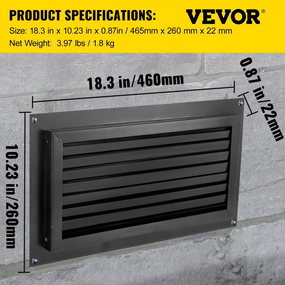 Black zinc-coated steel flood vent with louvered design, measuring 16 by 8 inches.