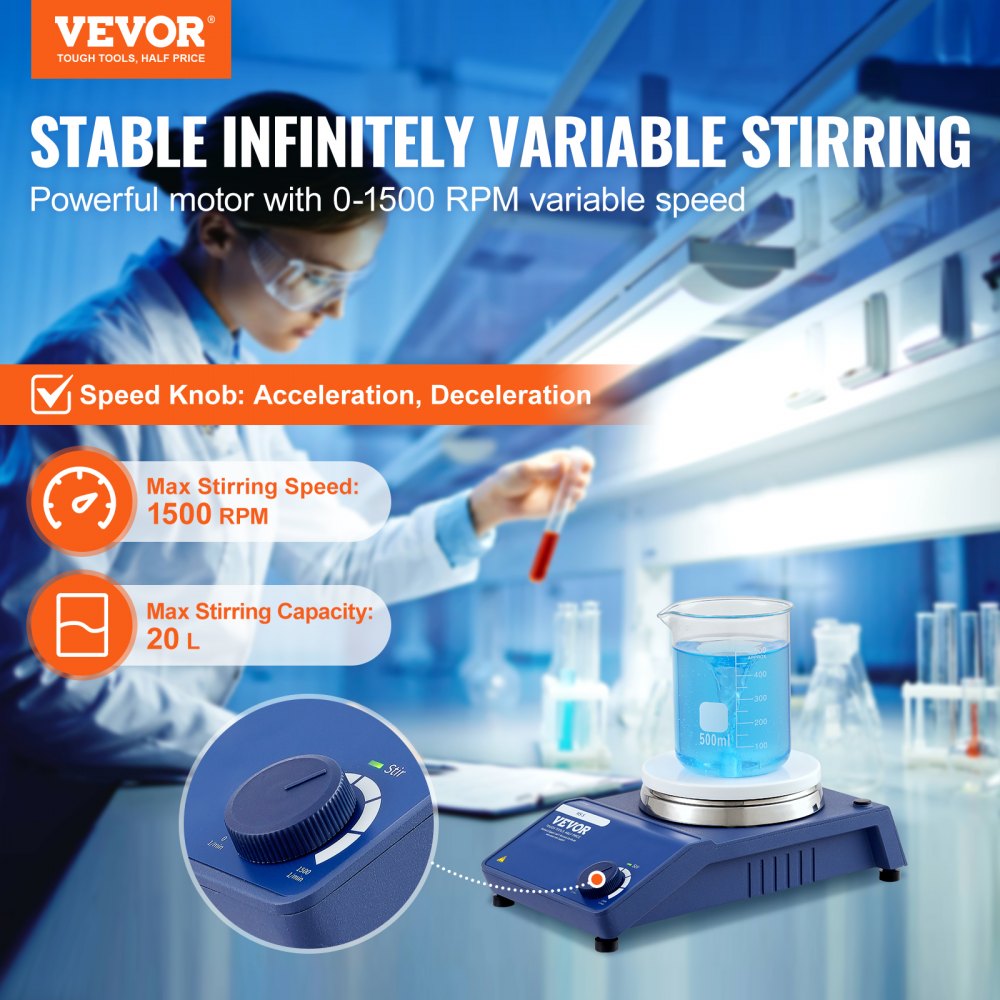 Magnetic Stirrer, 0-1500 RPM Stir Plate with Adjustable Speed Knob, 20L Plate Stirrer Kit, Stir Bar Included