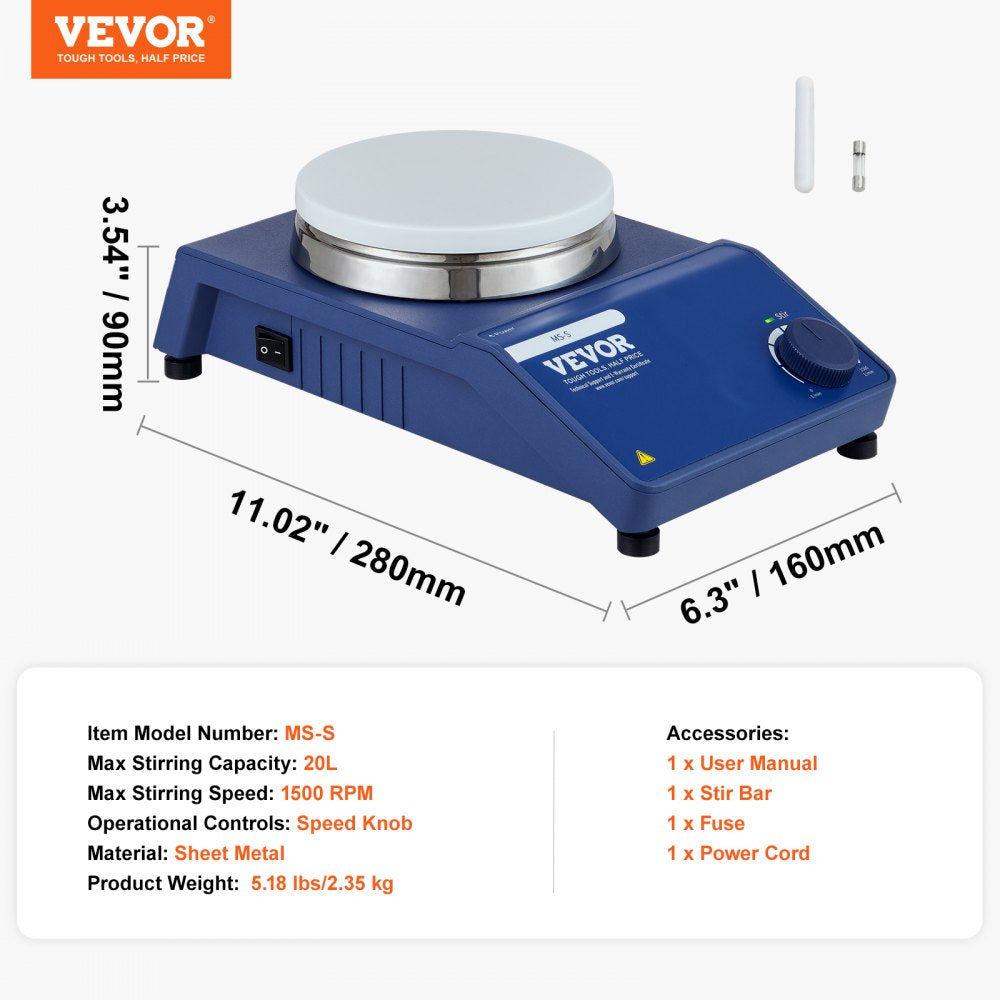 Magnetic Stirrer, 0-1500 RPM Stir Plate with Adjustable Speed Knob, 20L Plate Stirrer Kit, Stir Bar Included