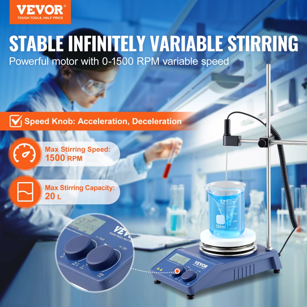 Magnetic Stirrer Hot Plate, Max 644°F/340°C, 0-1500 RPM Hot Plate with Magnetic Stirrer, 20L Hot Plate Stirrer with LED Screen, Support Stand and Stir Bars Included, 650W Heating Power