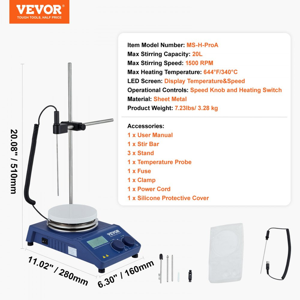 Magnetic Stirrer Hot Plate, Max 644°F/340°C, 0-1500 RPM Hot Plate with Magnetic Stirrer, 20L Hot Plate Stirrer with LED Screen, Support Stand and Stir Bars Included, 650W Heating Power