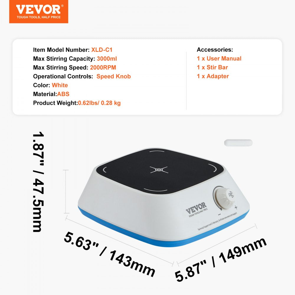 Magnetic Stirrer, 0-2000 RPM Stir Plate with Adjustable Speed Knob, 3000mL Plate Stirrer Kit, Stir Bar Included