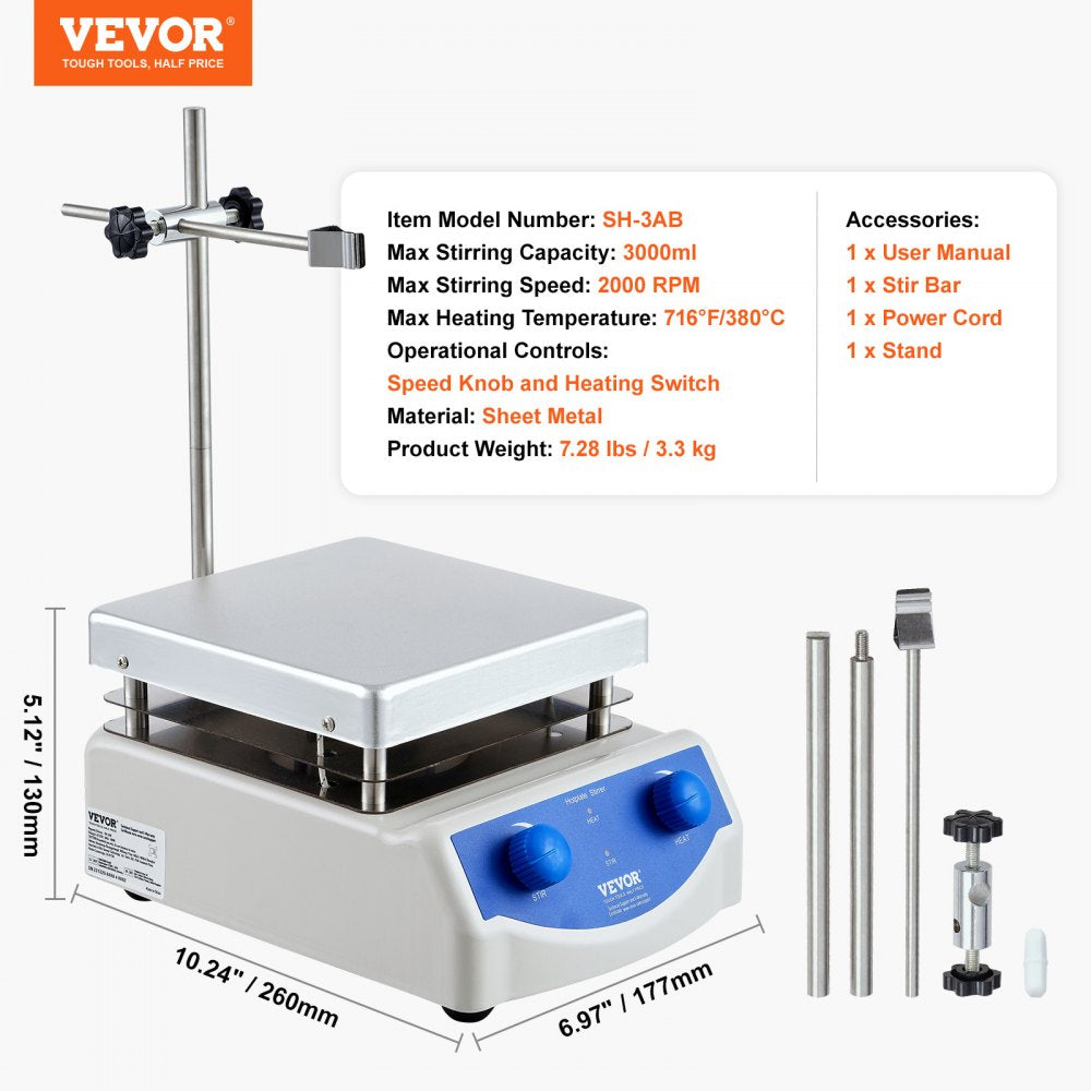 Magnetic Stirrer Hot Plate, Max 716°F/380°C, 0-2000 RPM Hot Plate with Magnetic Stirrer, 3000mL Hot Plate Stirrer, Support Stand and Stir Bars Included, 500W Heating Power