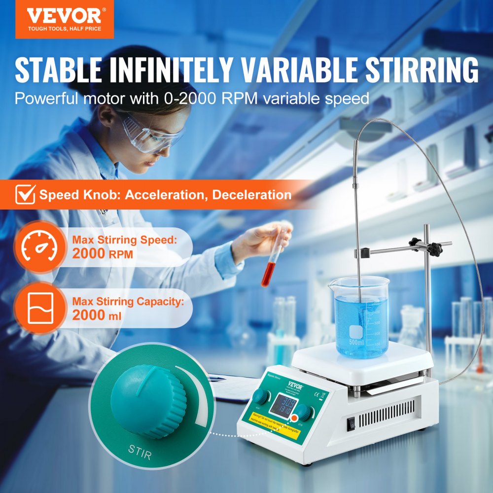 Magnetic Stirrer Hot Plate, Max 572°F/300°C, 0-2000 RPM Hot Plate with Magnetic Stirrer, 2000mL Hot Plate Stirrer with LED Screen, Support Stand and Stir Bars Included, 500W Heating Power