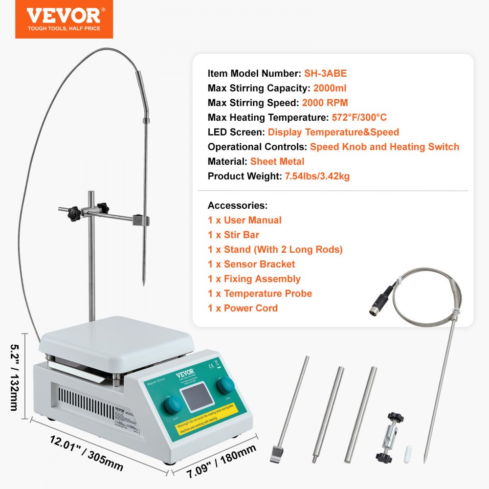 Magnetic Stirrer Hot Plate, Max 572°F/300°C, 0-2000 RPM Hot Plate with Magnetic Stirrer, 2000mL Hot Plate Stirrer with LED Screen, Support Stand and Stir Bars Included, 500W Heating Power