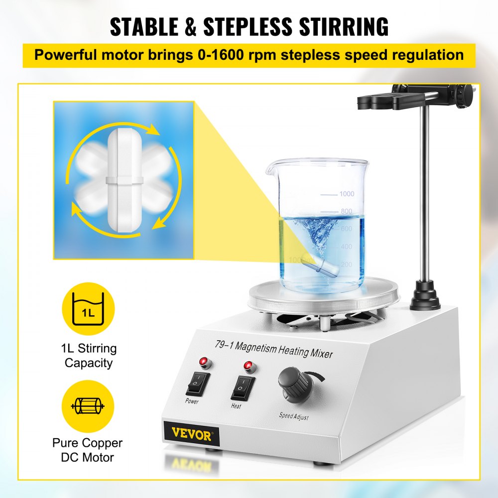 Magnetic Stirrer 250W 158℉/70℃ Heating Hot Plate with Magnetic Stirrer 0-1600 RPM Adjustable 1000ML Lab Magnetic Stirrer Mixer with Stand Support, Stirring Bar