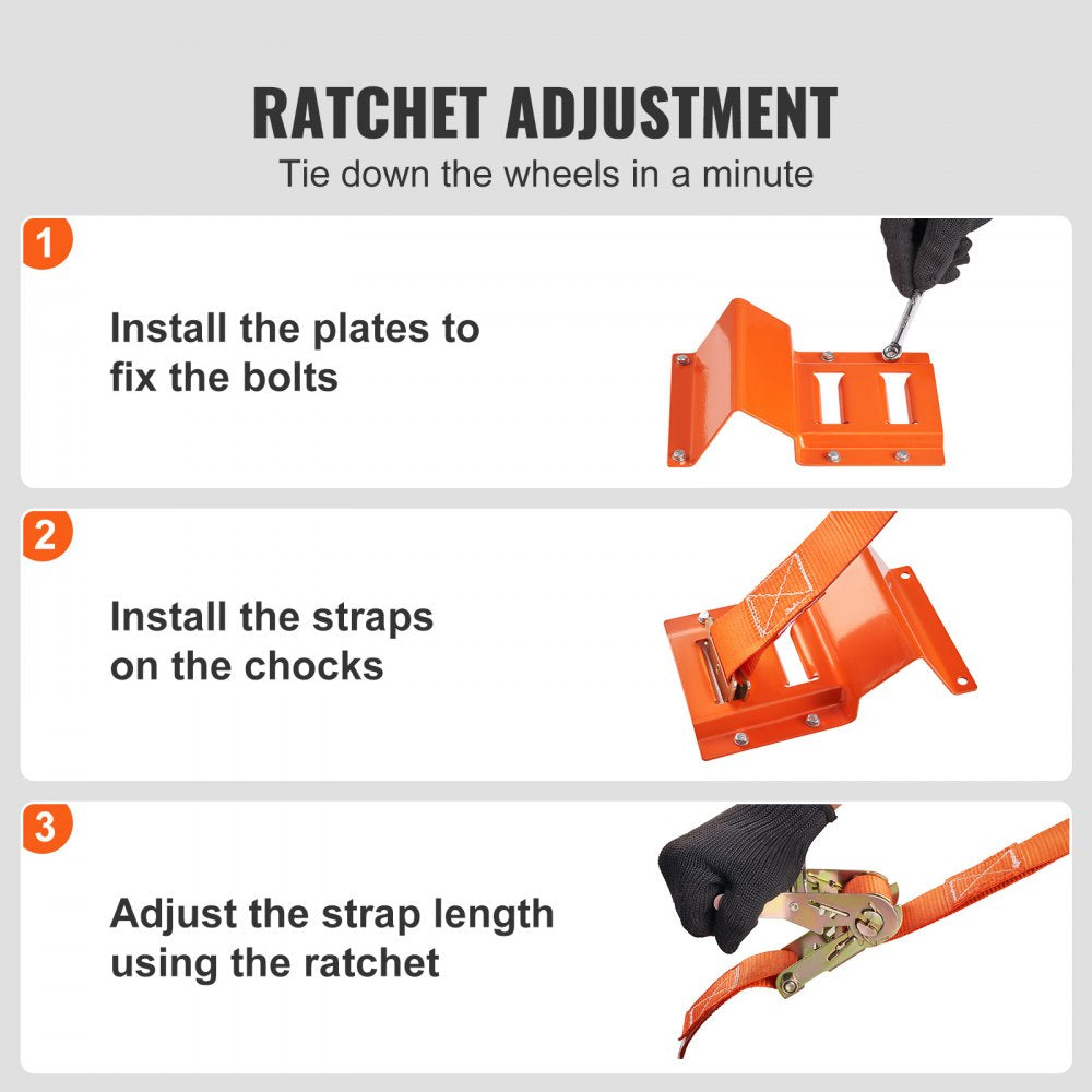 Wheel Chock Tie Down Kit, 2" x 96" Tie Down Strap Kit, Heavy Duty Trailer Tie Down System for 10"-23" Wheels, ATV, UTV, Trailer, Mower, Wheel Chock & Tie-Down Accessories, 4-Pack