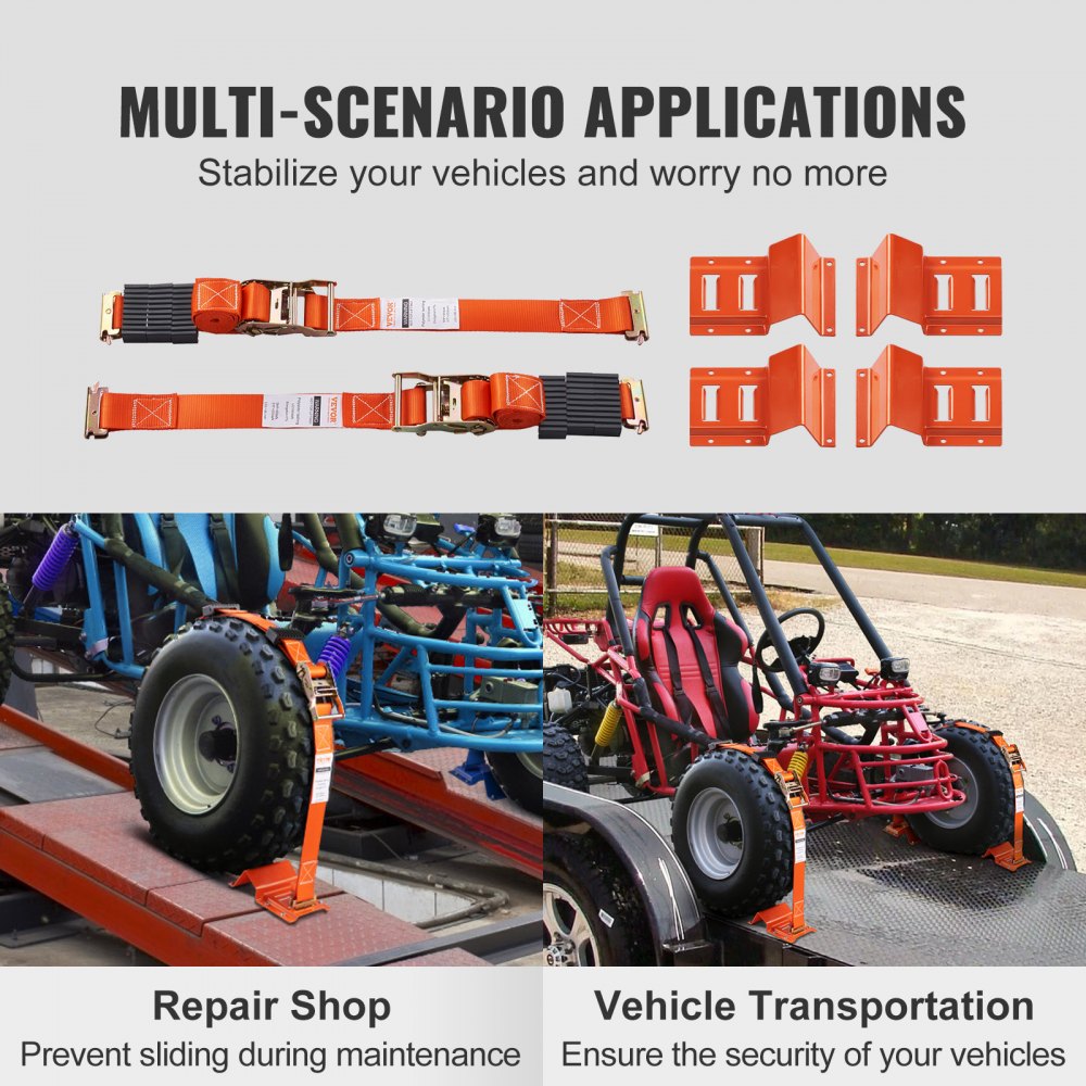 Wheel Chock Tie Down Kit, 2" x 96" Tie Down Strap Kit, Heavy Duty Trailer Tie Down System for 10"-23" Wheels, ATV, UTV, Trailer, Mower, Wheel Chock & Tie-Down Accessories, 4-Pack