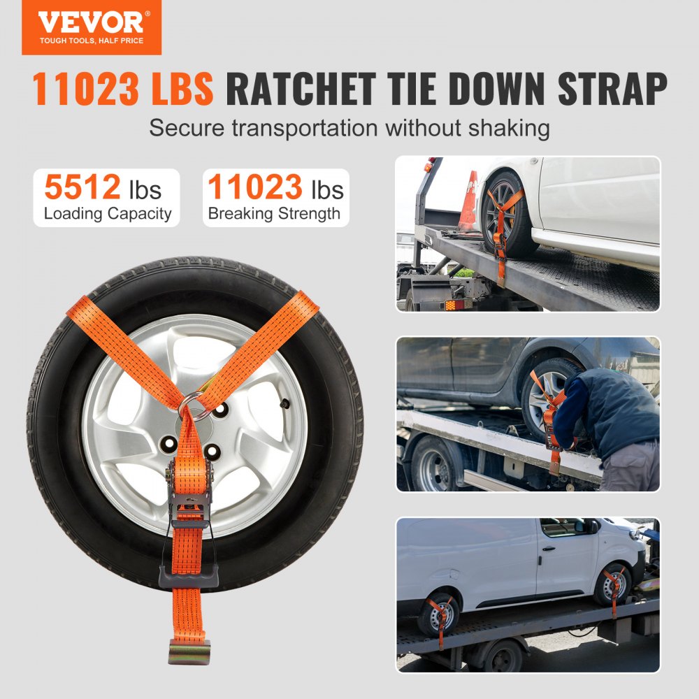 Car Tie Down Straps Kit, Lasso Style 2" x 120" Tire Straps, 5512 LBS Working Load, 11023 LBS Breaking Strength, with Flat Hooks for Passenger Car, ATV, Motorcycle, Van, SUV, UTV, Trailer, 4-Pack