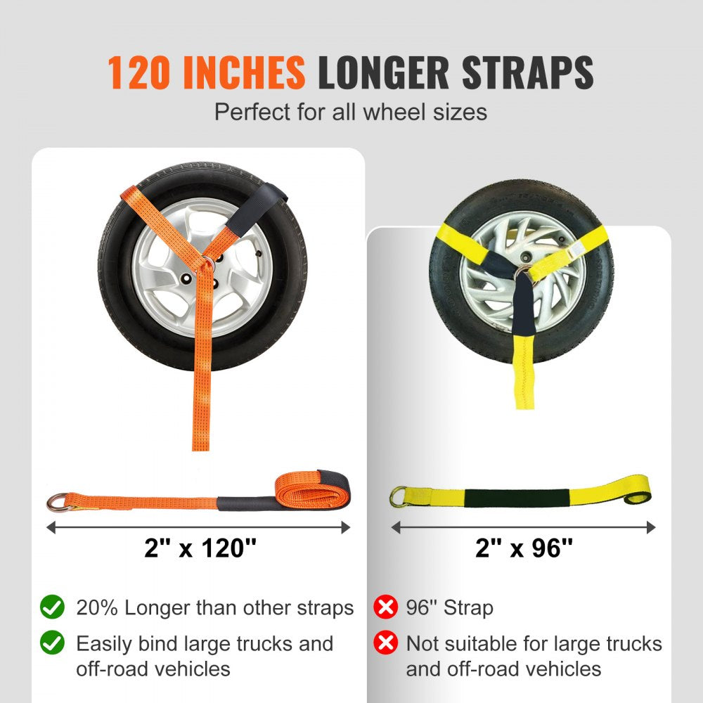 Car Tie Down Straps Kit, Lasso Style 2" x 120" Tire Straps, 5512 LBS Working Load, 11023 LBS Breaking Strength, with Flat Hooks for Passenger Car, ATV, Motorcycle, Van, SUV, UTV, Trailer, 4-Pack