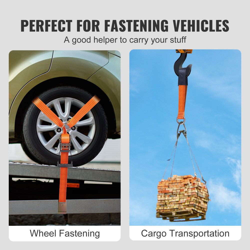 Car Tie Down Straps Kit, Lasso Style 2" x 120" Tire Straps, 5512 LBS Working Load, 11023 LBS Breaking Strength, with Flat Hooks for Passenger Car, ATV, Motorcycle, Van, SUV, UTV, Trailer, 4-Pack
