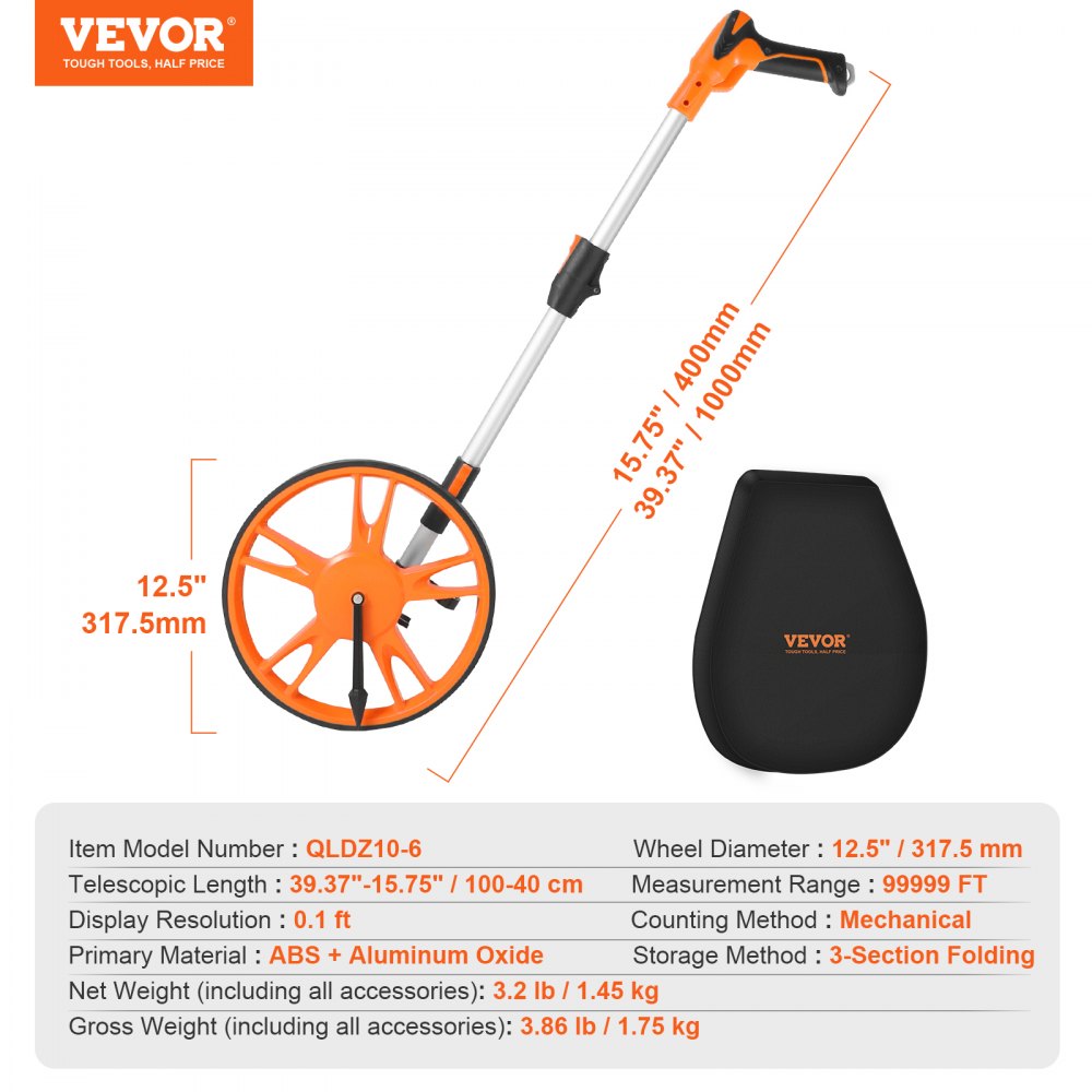 Measuring Wheel in Feet, 12.5 in Wheel Diameter, 39.37-15.75 in Telescoping Measure Wheel, Measurement 0-9,999Ft with Back Bag, Suitable for Lawn/Hard/Soft/Wood Road Measuring