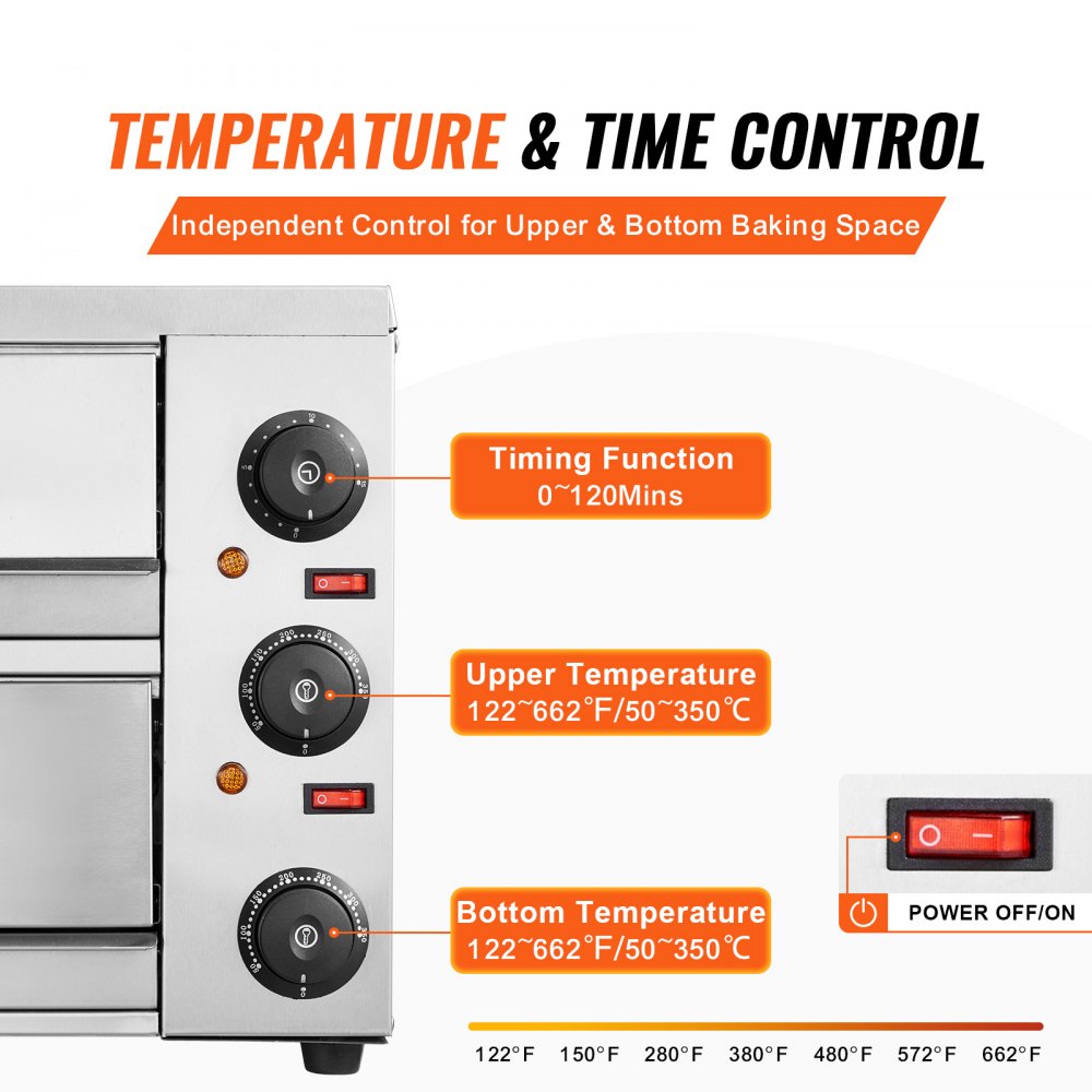 Electric Countertop Pizza Oven 12" Adjustable Temperature 0-120Min Timer
