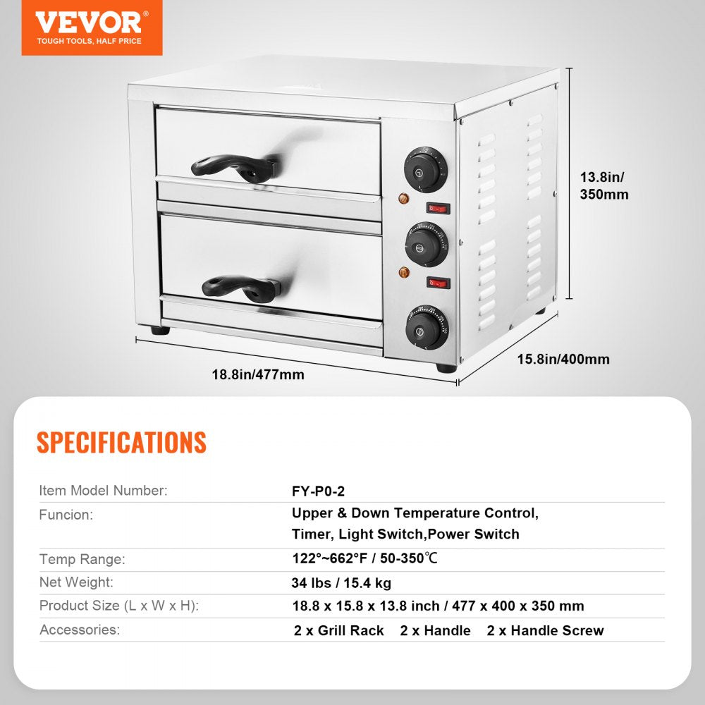 Electric Countertop Pizza Oven 12" Adjustable Temperature 0-120Min Timer