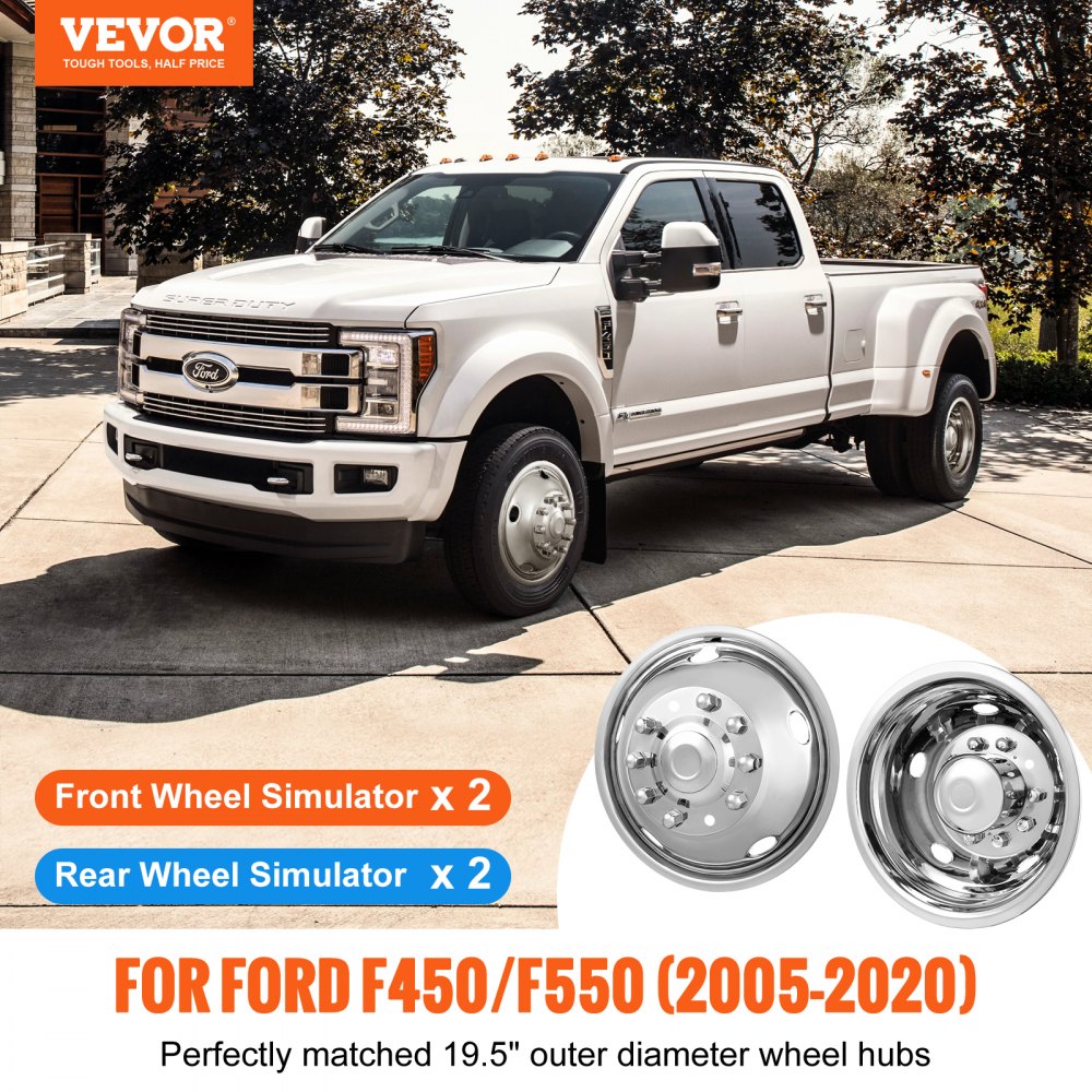 19.5-inch 10 Lug Wheel Simulators, 304 Stainless Steel Wheel Simulator Kit with Mirror Polished Finish, 2 Front and 2 Rear Wheel Covers Fit for For Ford F450/F550 (2005-2020), 4 pcs