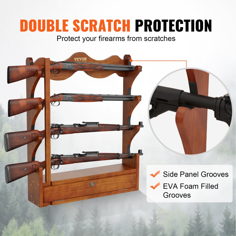Gun Rack, Wood Gun Rack Wall Mount, Gun Display Rack holds 4 Rifles, Shotguns, 132 lb Heavy Duty Wall Storage Display Rifle Rack with Soft Padding