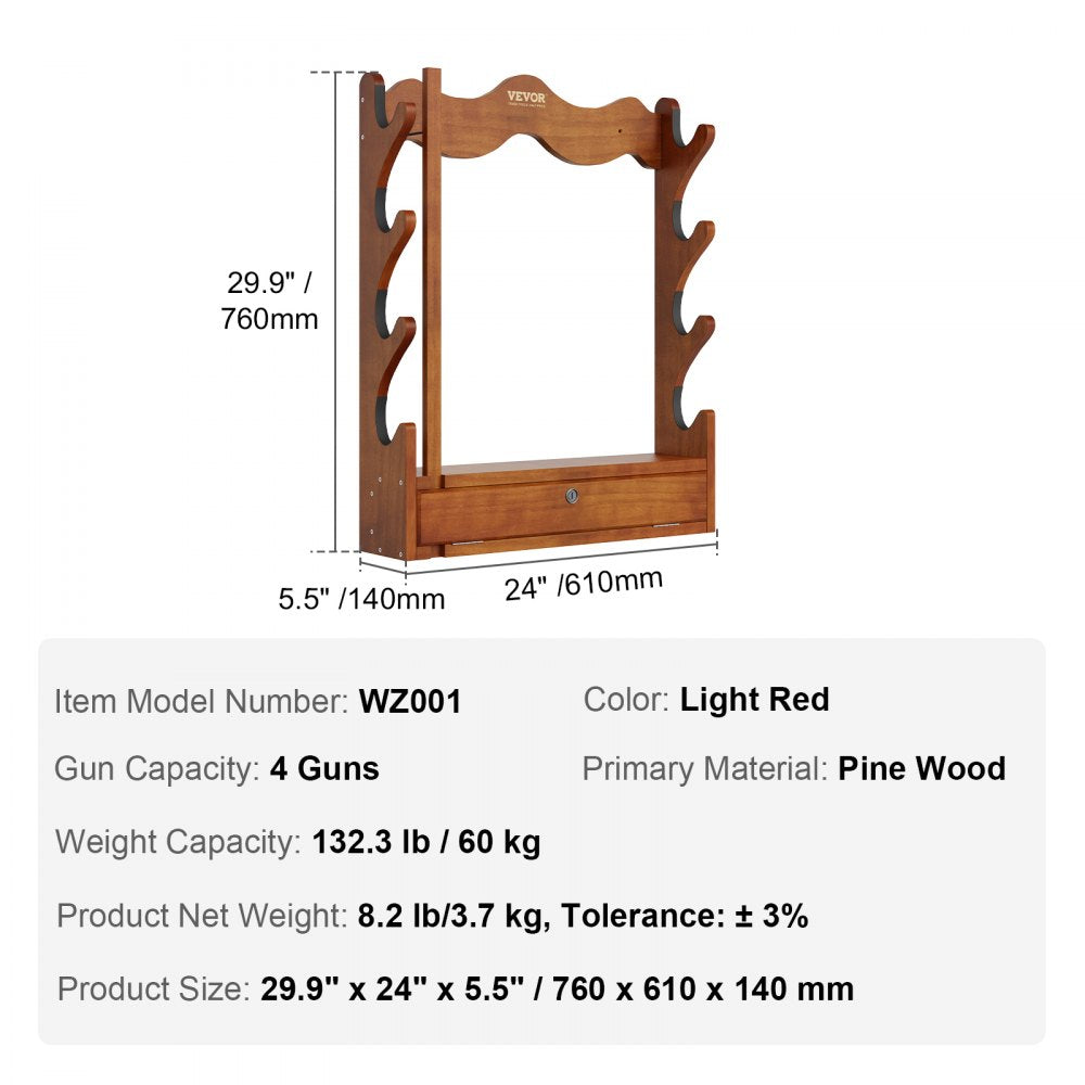 Gun Rack, Wood Gun Rack Wall Mount, Gun Display Rack holds 4 Rifles, Shotguns, 132 lb Heavy Duty Wall Storage Display Rifle Rack with Soft Padding