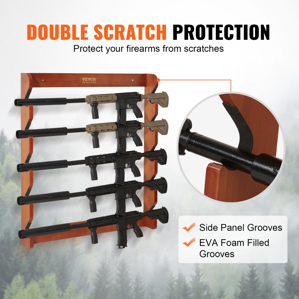 Gun Rack, Wood Gun Rack Wall Mount, Gun Display Rack holds 5 Rifles, Shotguns, 132 lb Heavy Duty Wall Storage Display Rifle Rack with Soft Padding