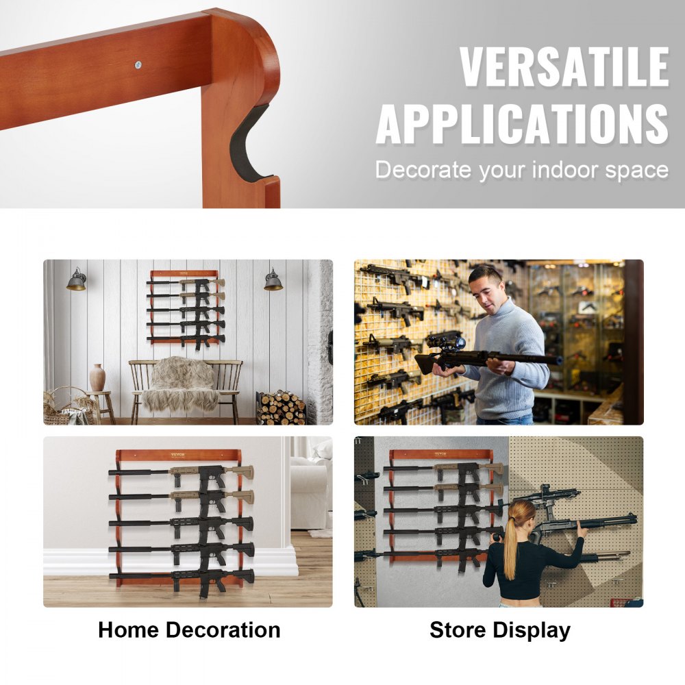 Gun Rack, Wood Gun Rack Wall Mount, Gun Display Rack holds 5 Rifles, Shotguns, 132 lb Heavy Duty Wall Storage Display Rifle Rack with Soft Padding