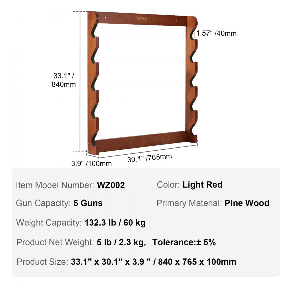 Gun Rack, Wood Gun Rack Wall Mount, Gun Display Rack holds 5 Rifles, Shotguns, 132 lb Heavy Duty Wall Storage Display Rifle Rack with Soft Padding