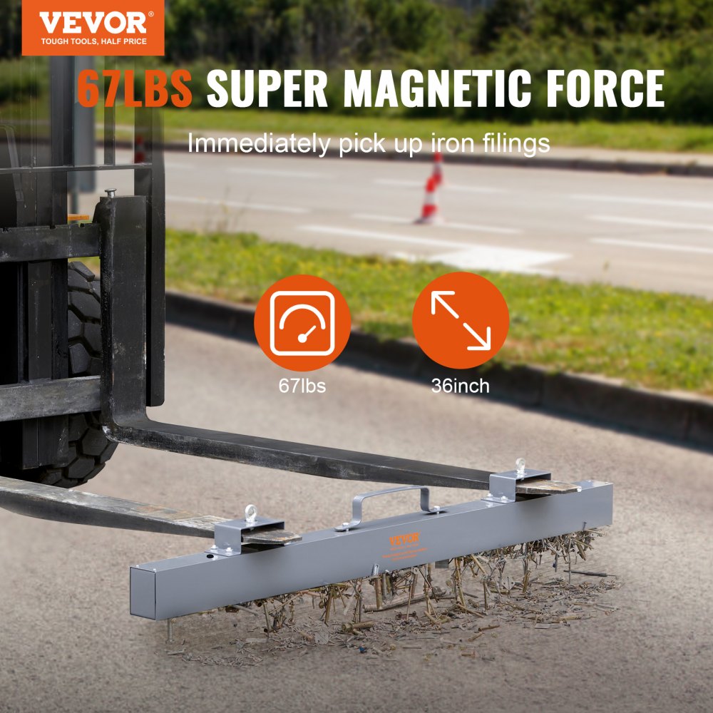 Hanging Magnetic Sweeper 36inch Heavy-Duty Magnet Sweeper, Nail Magnet Sweeping Tool with 56 LBS Lifting Capacity, 2 Eye-Bolts Forklift Magnetic Sweeper Unit, Hanging Magnet for Forklift