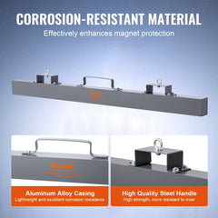 48-inch hanging magnetic sweeper with steel magnet array, aluminum casing, and steel handle.