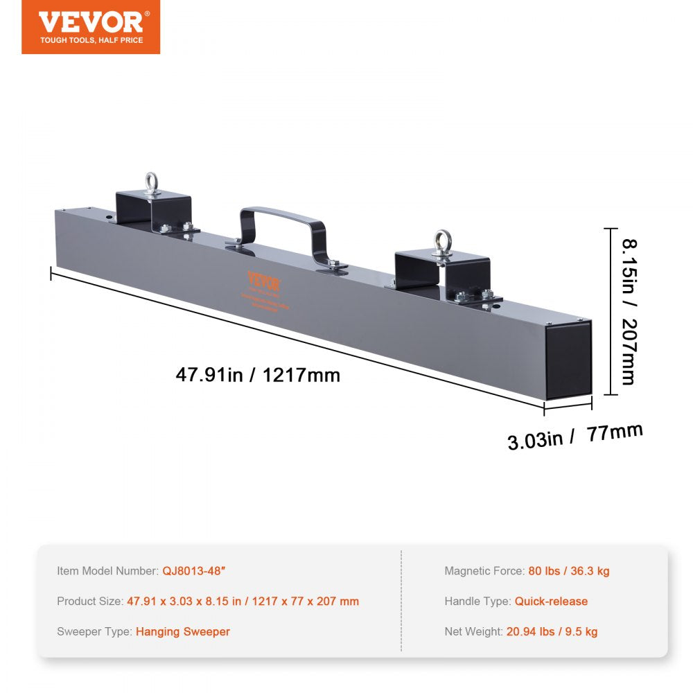 48-inch hanging magnetic sweeper with 80 lbs steel capacity and quick-release handle.