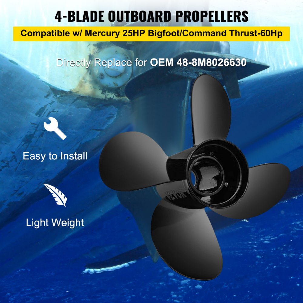 Outboard Propeller, Replace for OEM 48-8M8026630, 4-Blade 10.3 " x 13 " Aluminum Boat Propeller, Compatible with Mercury Mariner 25HP Bigfoot/Command Thrust 60Hp Outboard, 13 Tooth Splines, RH