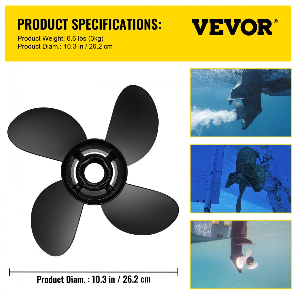 Outboard Propeller, Replace for OEM 48-8M8026630, 4-Blade 10.3 " x 13 " Aluminum Boat Propeller, Compatible with Mercury Mariner 25HP Bigfoot/Command Thrust 60Hp Outboard, 13 Tooth Splines, RH