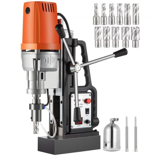 Bostome 1550W Magnetic Drill Press with 2" boring capacity and 11 HSS bits for steel drilling.