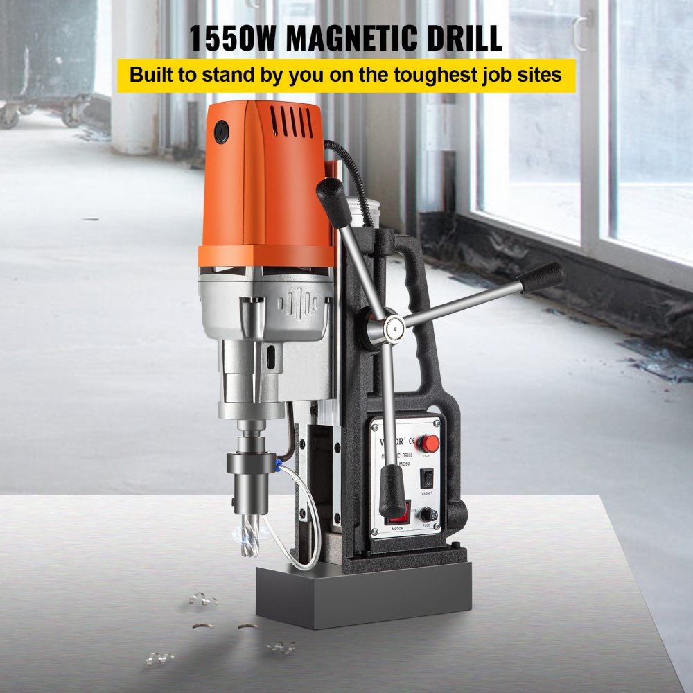 Bostome 1550W Magnetic Drill Press with 11 HSS bits, featuring a powerful motor and magnetic base.