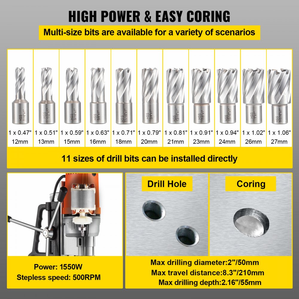 Bostome 1550W Magnetic Drill Press with 2" boring capacity and 11 HSS bits on a stable base.