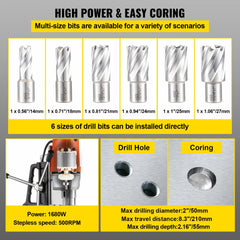 Magnetic Drill 1680W Magnetic Drill Press with 2 Inch Boring Diameter Annular Cutter Machine 2900 LBS 6pcs HSS Annular Cutter Bits