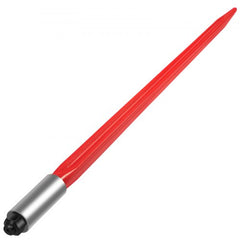 Red coated 32-inch hay bale spear with metal base for tractor or loader attachment.