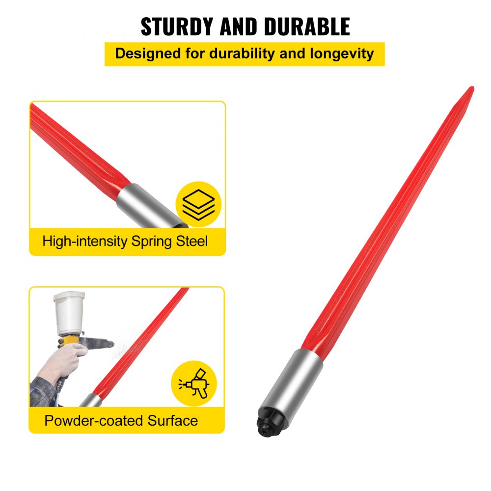 Red coated 32-inch hay bale spear made of high-intensity spring steel with powder-coated surface.