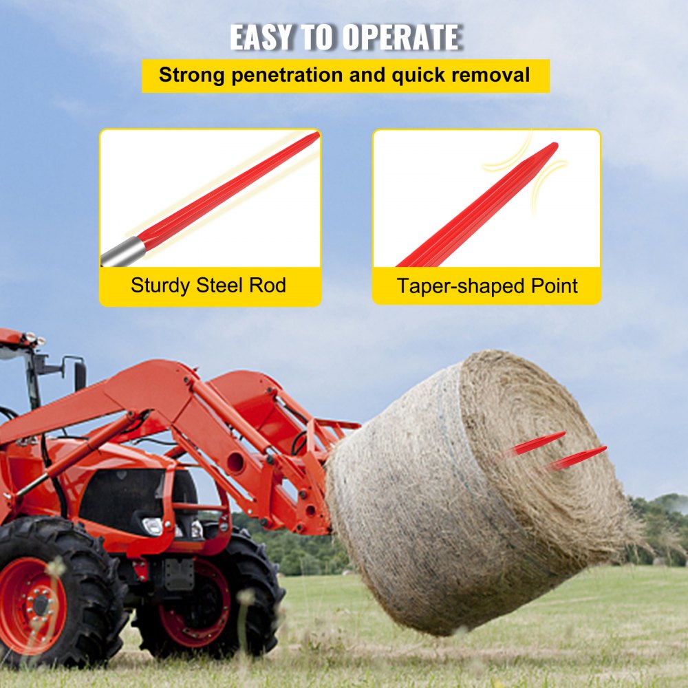Red coated 32-inch hay bale spear with tapered point and sturdy steel rod on tractor.