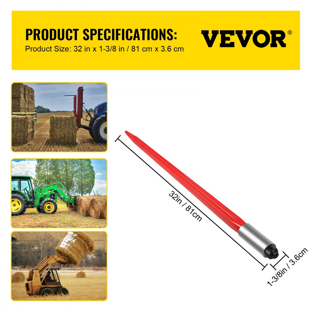 Red coated 32-inch hay bale spear with tapered point and bolt attachment for tractors.