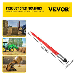 Red coated 32-inch hay bale spear with tapered point and bolt attachment for tractors.