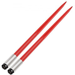 Two red hay bale spears with silver and black bases.
