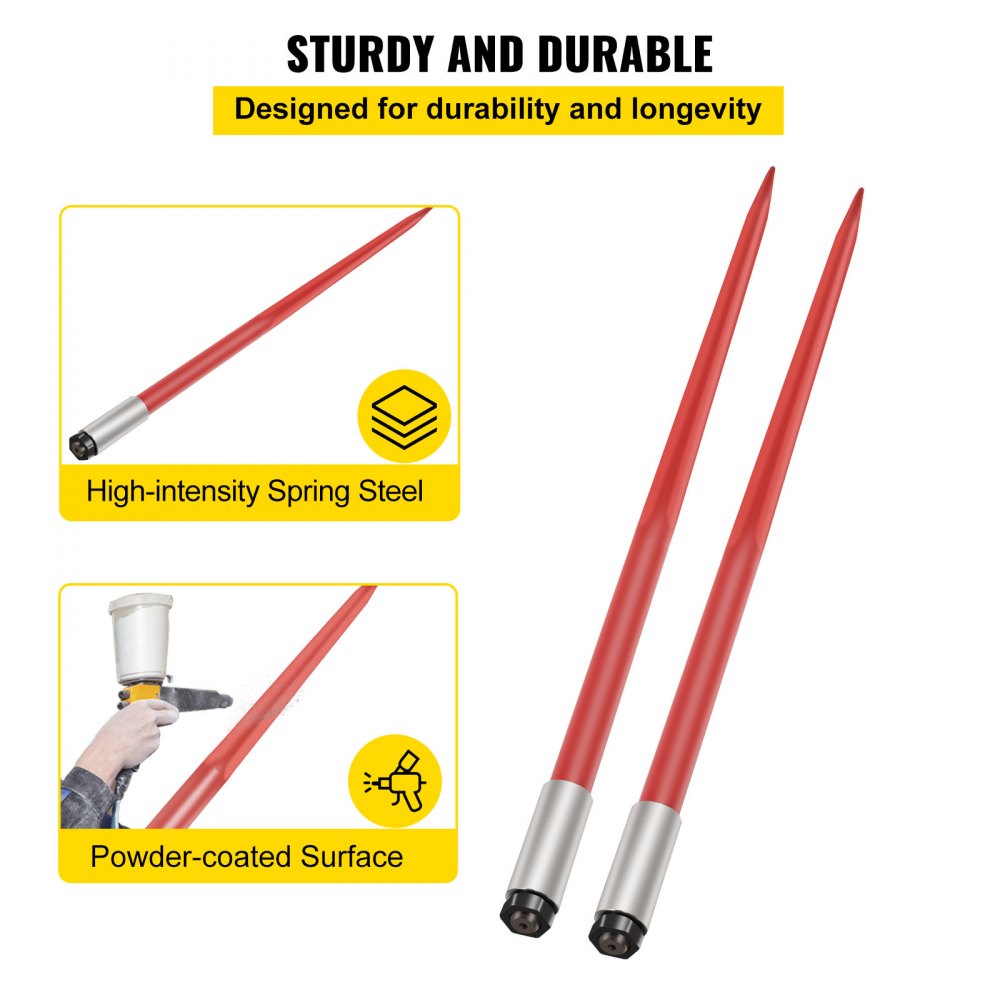 Pair of 49-inch red powder-coated hay bale spears made from high-intensity spring steel.