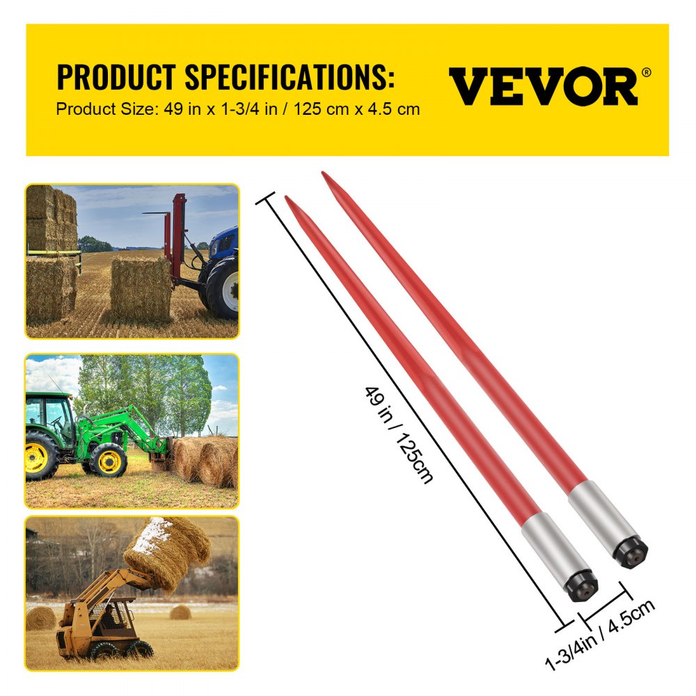 Red coated 49-inch hay bale spears with 1-3/4 inch mount for tractors.